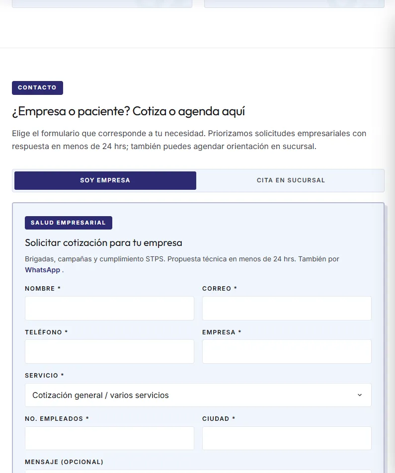 Formulario de Grupo Solher para empresas. Pide empresa, servicio, número de empleados y ciudad. Arriba se elige cita en sucursal.
