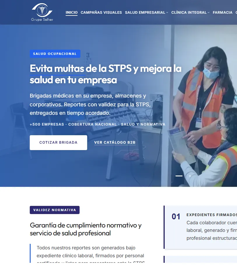 Inicio de Grupo Solher: campañas de salud para empresas, con el botón para cotizar una brigada.
